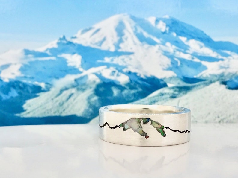 Mount Rainier Summit Ring, 8mm Band, Mens Mountain Wedding, Mountain Ring Gold, Mountain Ring with Personalization, Wide Mountain Band image 1