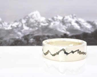 Teton Mountain Ring, Gemstone Inlay Mountain Ring, Mountain Wedding Ring, Teton Wedding Ring, Grand Teton Ring, Gold Stone Inlay Band