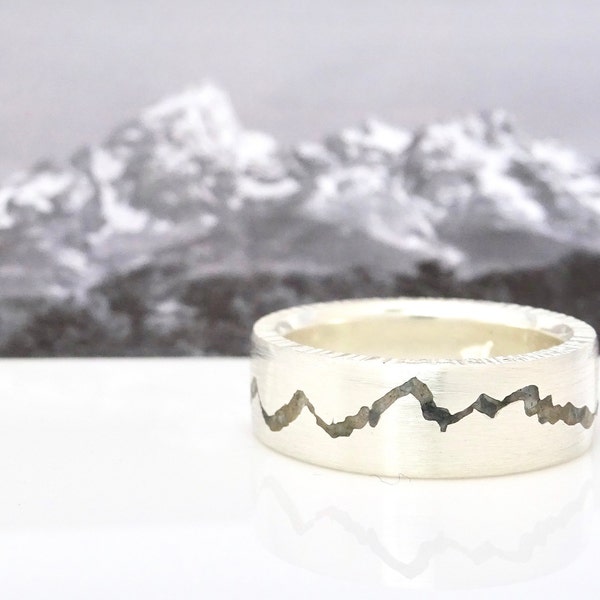 Teton Mountain Ring, Gemstone Inlay Mountain Ring, Mountain Wedding Ring, Teton Wedding Ring, Grand Teton Ring, Gold Stone Inlay Band