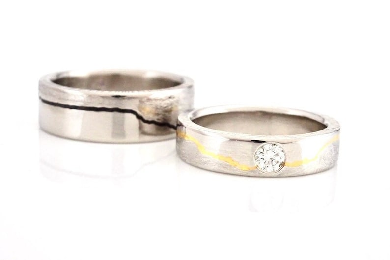 Gold Inlay Mountain Ring Kintsugi Wedding Band Anniversary Jewelry