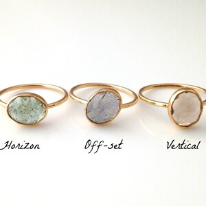 Op de afbeelding: Drie gouden ringen met verschillende ovale stenen in kleur. De ringen zijn gelabeld met "Horizon", "Off-set" en "Vertical".