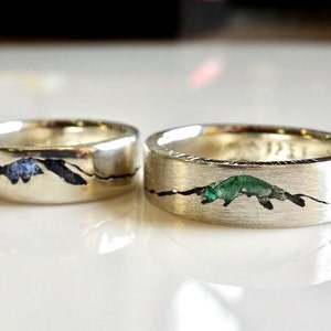 Original personalized Summit Mountain Inlay Rings handcrafted with your choice of recycled material and precious gemstone.   Each personalized mountain ring made to order by Michelle Lenáe Jewelry, original mountain inspired designs in Seattle WA.