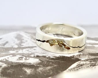Mount Rainier Summit Ring: Gemstone Inlay Mountain Wedding Band, 7mm Bandwidth