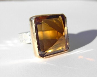 Honey Quartz Cocktail Ring, Square Gemstone Cocktail Ring, Handmade with Recycled 14k Gold & Sterling Silver, Michelle Lenáe Jewelry