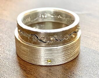 Modern Mountain Ring with Gold mountain summit, Textured Wedding Band Mixed Silver and Gold Ring, Crags Fissures with Gold snow, Granulated