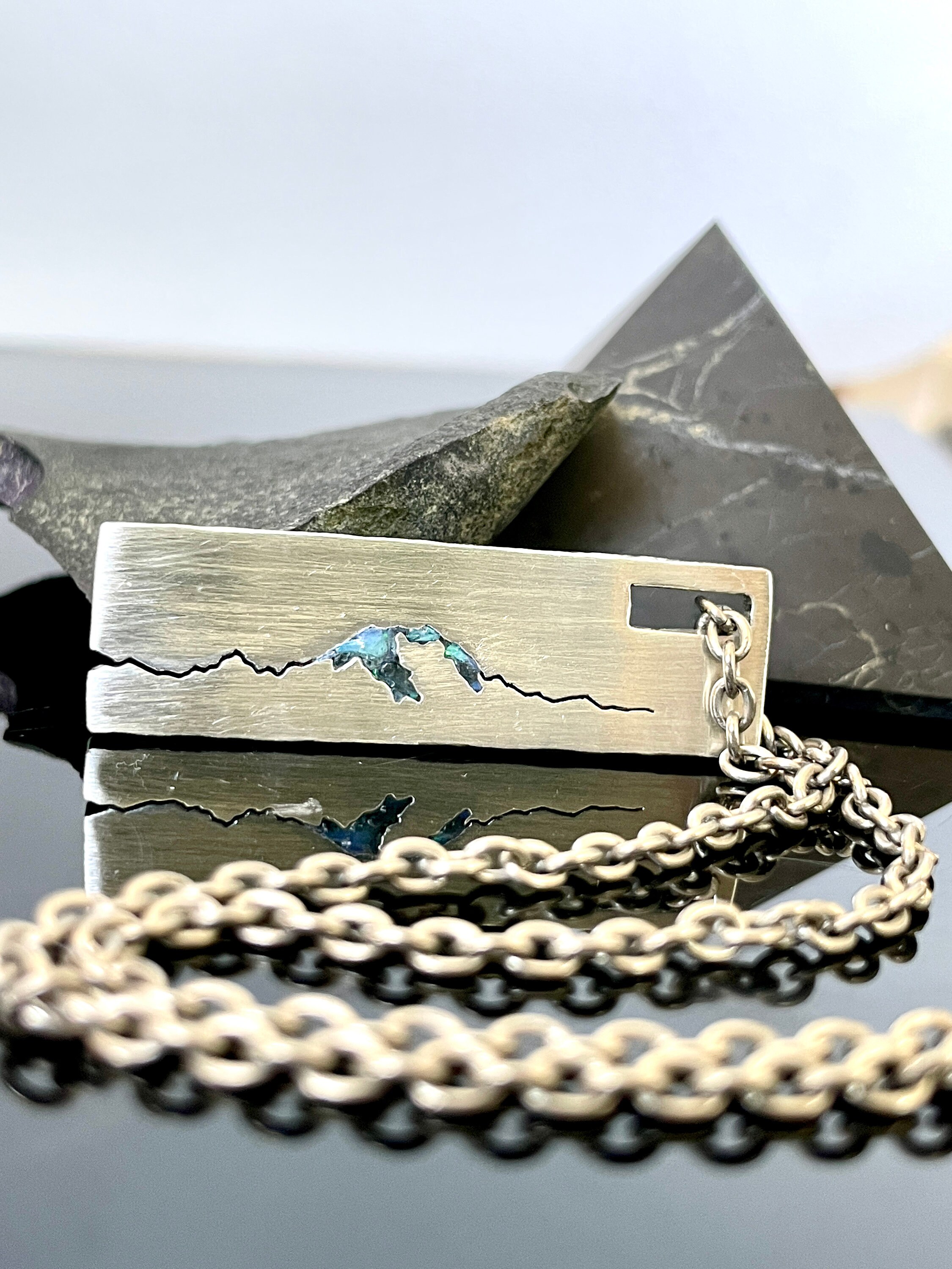 Rainier Summit Mountain Tag Necklace: Gemstone Inlay, Sterling Silver