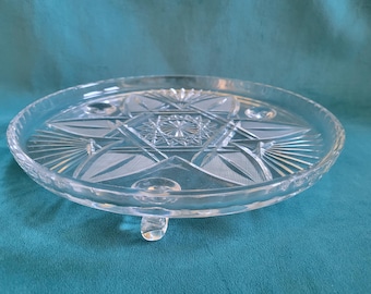 Vintage Cut Glass Round 11" 3 Footed Cake Plate