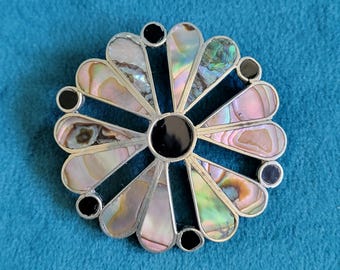 Abalone and Black Onyx Mexican 925 Sterling Silver Brooch/Pendant