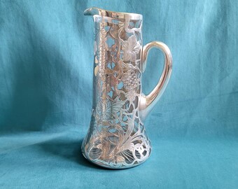 Antique Art Nouveau Sterling Silver Overlay Claret Pitcher — Grapevine Pattern, Alvin, circa 1900-1940