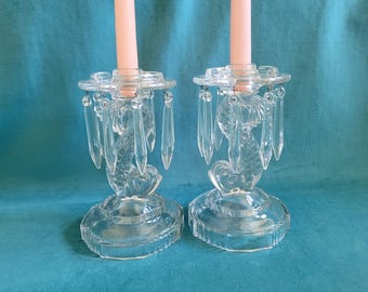 Indiana Glass Koi Dolphin Candlestick Pair with Crystal Prism Drops