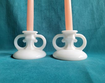 Vintage L.E.Smith White Pressed Glass Candlestick Pair