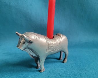 Brass Bull Etched Asian Figurine Candle Holder