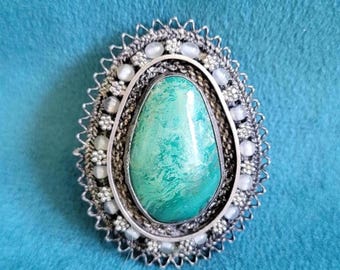 Eilat Stone 930 Sterling Silver with Beads Brooch/Pendant