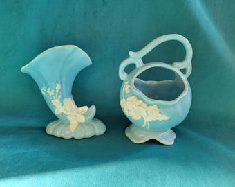 Vintage Weller Pottery Cameo Line Blue & White Floral Vase Set