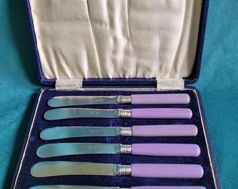 Purple Celluloid Handle English Silver Plated Butter Knives S/6