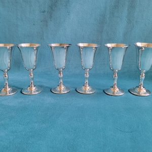 May include: Six silver goblets with gold-colored rims and bases are arranged in a row. The goblets have a classic design with a flared bowl and a slender stem. The background is a solid teal color.
