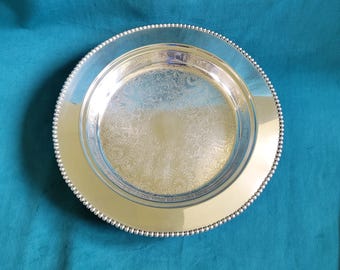 Vintage Footed Silverplate Round Serving Tray 14" - Floral Etched Center Platter with Beaded Rim