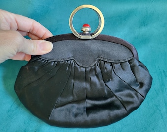 1920s Art Deco Black Satin Silk Clutch Purse