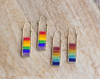 Rectangle Brass and Seed Bead Earrings, Rainbow Earrings, Raw Brass, Handwoven Earrings, Hypoallergenic