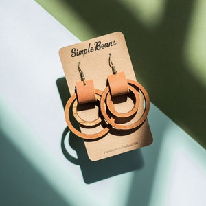Bronze and Leather Hoop Earrings, Hoop Earrings, Double Gold Rings, Hypoallergenic, Brown Leather Bars, Antique Gold Earrings, Boho Earrings image 6