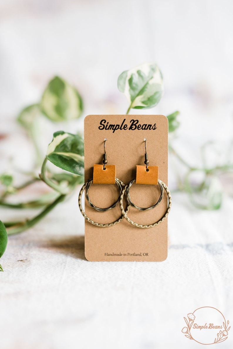 Bronze and Leather Hoop Earrings, Hoop Earrings, Double Gold Rings, Hypoallergenic, Brown Leather Bars, Antique Gold Earrings, Boho Earrings Textured Metal Rings