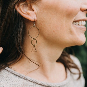 Mixed Metal Dangle Geometric Earrings, Hypoallergenic, Circles, Triangles, Long Earrings, Lightweight Earrings, Boho Earrings image 1