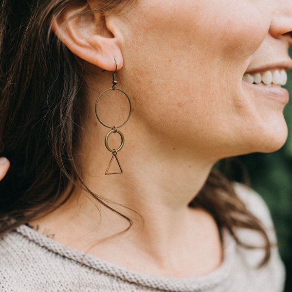 Mixed Metal Dangle Geometric Earrings, Hypoallergenic, Circles, Triangles, Long Earrings, Lightweight Earrings, Boho Earrings