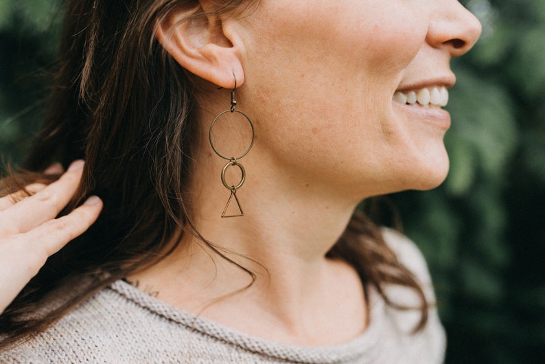 Mixed Metal Dangle Geometric Earrings, Hypoallergenic, Circles, Triangles, Long Earrings, Lightweight Earrings, Boho Earrings image 1