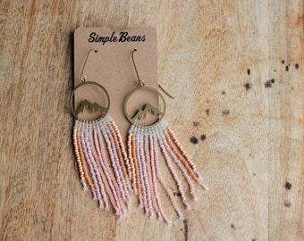 Mountain Earrings, Peach Beaded Earrings, Brass and Seed Bead Earrings