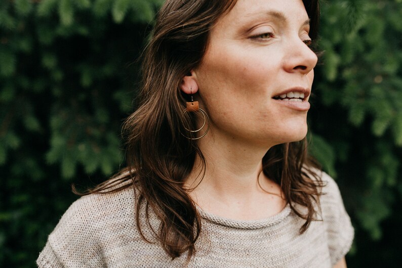 Bronze and Leather Hoop Earrings, Hoop Earrings, Double Gold Rings, Hypoallergenic, Brown Leather Bars, Antique Gold Earrings, Boho Earrings image 10