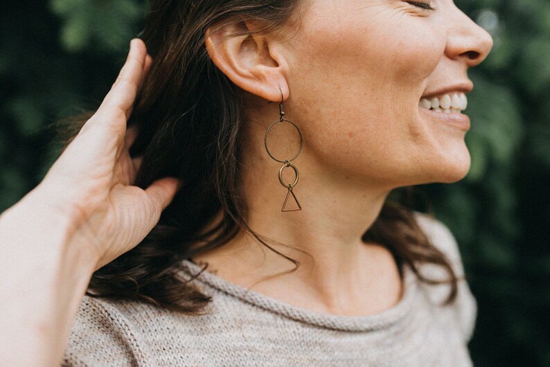 Mixed Metal Dangle Geometric Earrings, Hypoallergenic, Circles, Triangles, Long Earrings, Lightweight Earrings, Boho Earrings image 4