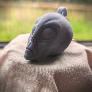 Pode incluir: Um chaveiro de cabeça de alien cinza com olhos ovais grandes e um nariz pequeno. O chaveiro é feito de um material liso e tem uma argola na parte superior para prender a chaves ou uma bolsa. A cabeça do alienígena está sobre um tecido bege.