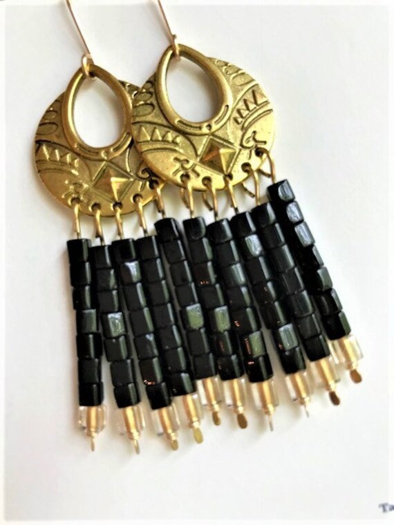 Black And Gold Beaded Chandelier Earrings Tribal Style Image 0