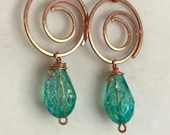 Teal Green and Copper Spiral Earrings, Coke Bottle Green Bright Copper Spiral Earrings