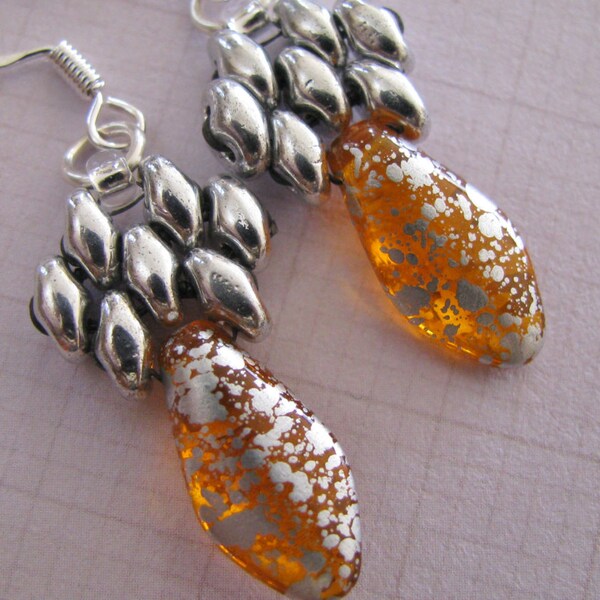 Orange and Silver Superduo Earrings, Tangerine and Silver Earrings, Hand Beaded Earrings, Superduo Earrings, Orange Czech Glass Earrings