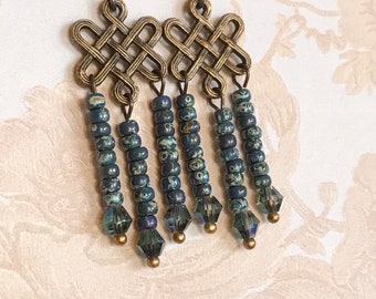 Blue ‘Picasso’ Seed Bead Chandelier Earrings, Variegated Blue and Bronze Chandelier Earrings, Celtic Knot Bronze Dangle Earrings