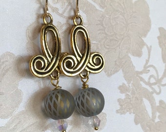 Gold Beaded Earrings, Antique Gold Earrings, Art Deco Boho, Gray and Gold Earrings