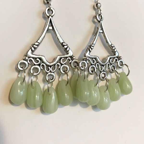 Mint Green Teardrops and Antique Silver Chandelier Earrings, Pale Spring Green Chandelier Earrings