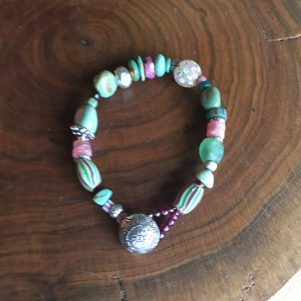 African Trade Bead Bracelet with Green Turquoise and Pink Semiprecious Stones & Garnets .925 Sterling Button, loop clasp Antique Old Beads