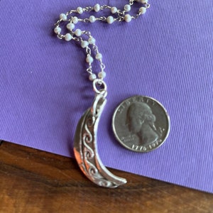 Silver Moon Necklace: Ocean Waves Pendant, Freshwater Pearl Rosary Chain