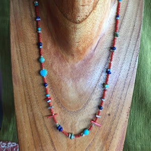 Coral & Lapis Necklace: Turquoise Heart, African Trade Beads, Sterling Silver