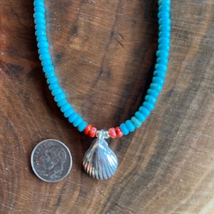 Turquoise & Spiny Oyster Necklace: Sterling Silver Seashell Pendant, 18 inch