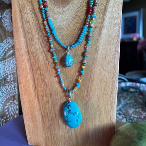 Turquoise Necklace 2 strand Sundance Style w Sterling silver Semiprecious Stones - Turquoise Pendants 22 in. spiny oyster, peridot, coral