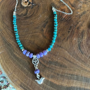 Turquoise PEACE sign dove Necklace Sundance Style .925 Sterling Silver Pendant with Purple Charoite 21 inches long Crown Chakra OOAK