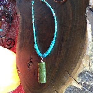 Hand Carved Jade Pendant Necklace: Turquoise & Leather, Sterling Silver