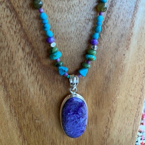 Purple Charoite Oval Pendant on a Gemstone and .925 Sterling Silver Necklace Cynthia Sundance Moon Artisan 19 inches Turquoise Cool Palette