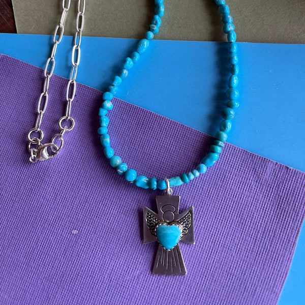 Carolyn Pollack Sterling Silver Angel Pendant on 16 inch Turquoise Necklace .925 silver chain Kingman Mine stones choker short necklace