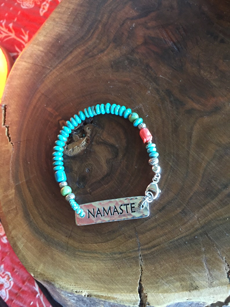 Turquoise NAMASTE Cynthia Sundance Moon Artisans Bracelet .925 Sterling Silver Rare Gaspeite Carved Coral Flower Blossom Yoga Nature OOAK