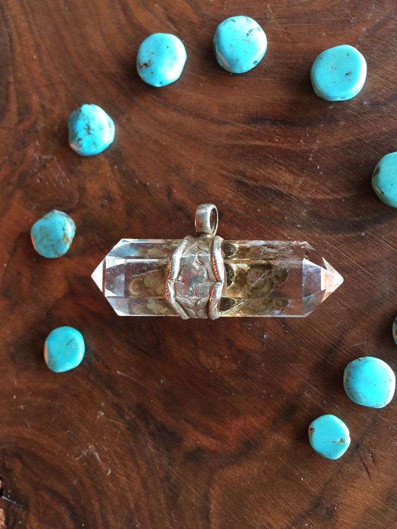Exotic Crystal with Malacite and Silver Magnifying Blessings Positive Energy Pendant Bohemian Boho Beautiful Unique Spiritual Celestial