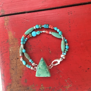Aventurine Triangle on 2 strand Spiny Oyster Shell and Turquoise .925 Sterling Silver Pyramid Green Semiprecious Stone Chunky
